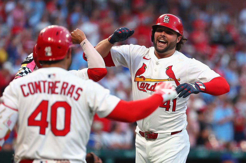 Alec Burleson #41 of the St. Louis Cardinals celebrates after hitting a two-run home run against the Chicago Cubs in the fifth inning at Busch Stadium on June 23, 2025 in St Louis, Missouri.