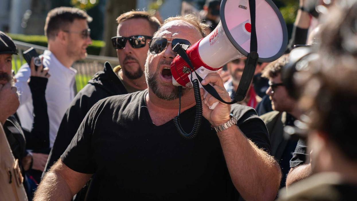 Alex Jones, host of Infowars, an extreme right-wing program that often trafficks in conspiracy theories, arrives at a "Stop the Steal" rally against the results of the U.S. Presidential election outside the Georgia State Capitol on November 18, 2020 in Atlanta, Georgia.
