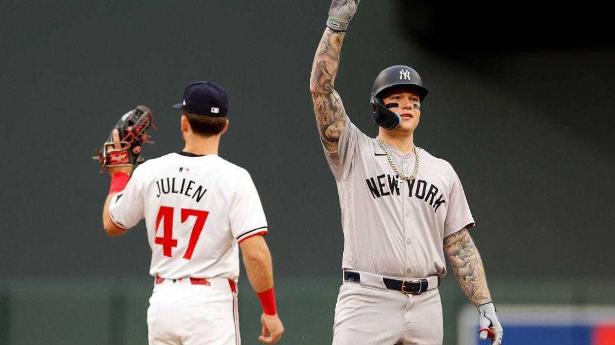 Alex Verdugo #24 of the New York Yankees celebrates his double against the Minnesota Twins in the first inning at Target Field on May 15, 2024 in Minneapolis, Minnesota.