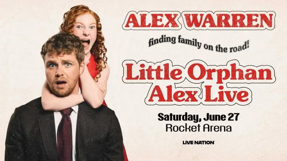 Alex Warren: Little Orphan Alex Live poster. Man in suit with surprised face, screaming girl clinging to him.