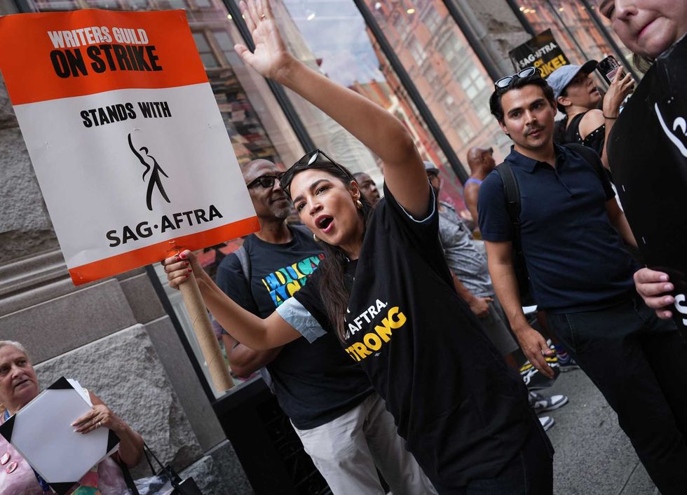 Alexandria Ocasio-Cortez (D-NY) joins the picket line as the SAG-AFTRA Actors Union Strike continues in front of Netflix on July 24, 2023 in New York City.