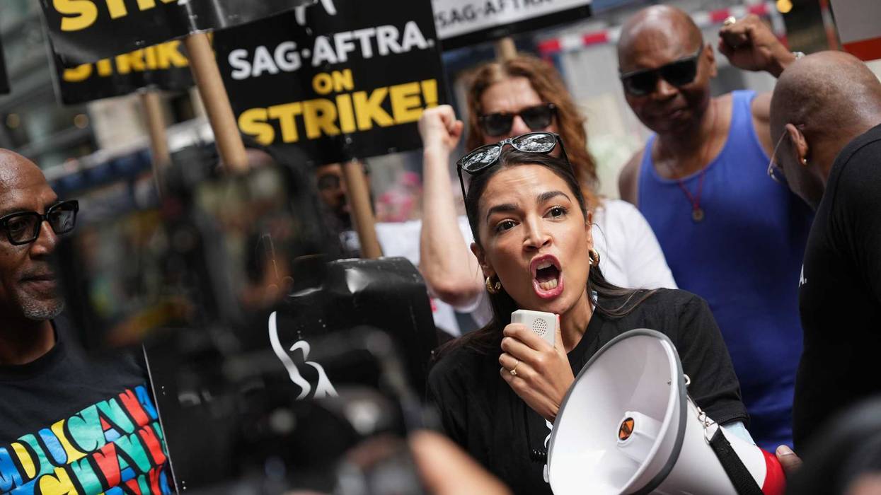 Alexandria Ocasio-Cortez (D-NY) joins the picket line as the SAG-AFTRA Actors Union Strike continues in front of Netflix on July 24, 2023 in New York City.