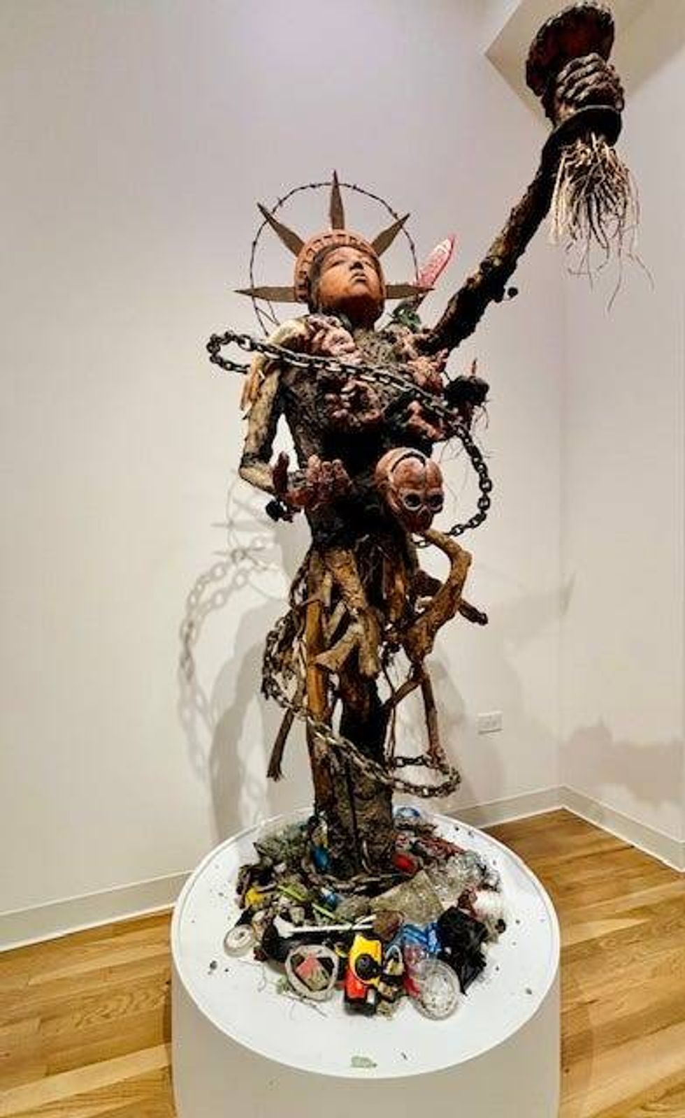 Alfonso "Piloto" Nieves Ruiz, active in the United States, born Querétaro, Mexico, 1975. In the Name of Progress, 2017. Mixed media, 69 5/8 x 26 x 24 in. Courtesy of the artist
