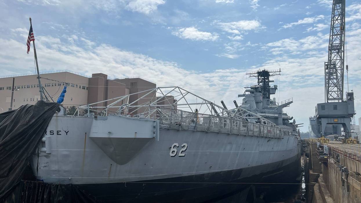 All 900 feet and 45,000 tons of the Battleship New Jersey sits comfortably in dry dock at the Philadelphia Navy Yard.