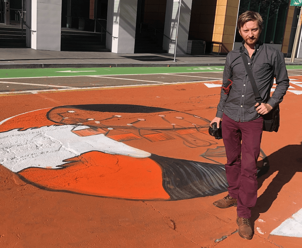 Allen Meyers, who lost his home to the Camp Fire in Paradise, California, told KCBS Radio ash from his house was used in the street mural.