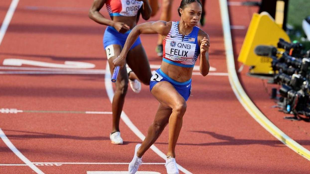 Allyson Felix of Team United States competes in the Women's 4x400m Relay heats on day nine of the World Athletics Championships Oregon22 at Hayward Field on July 23, 2022 in Eugene, Oregon.