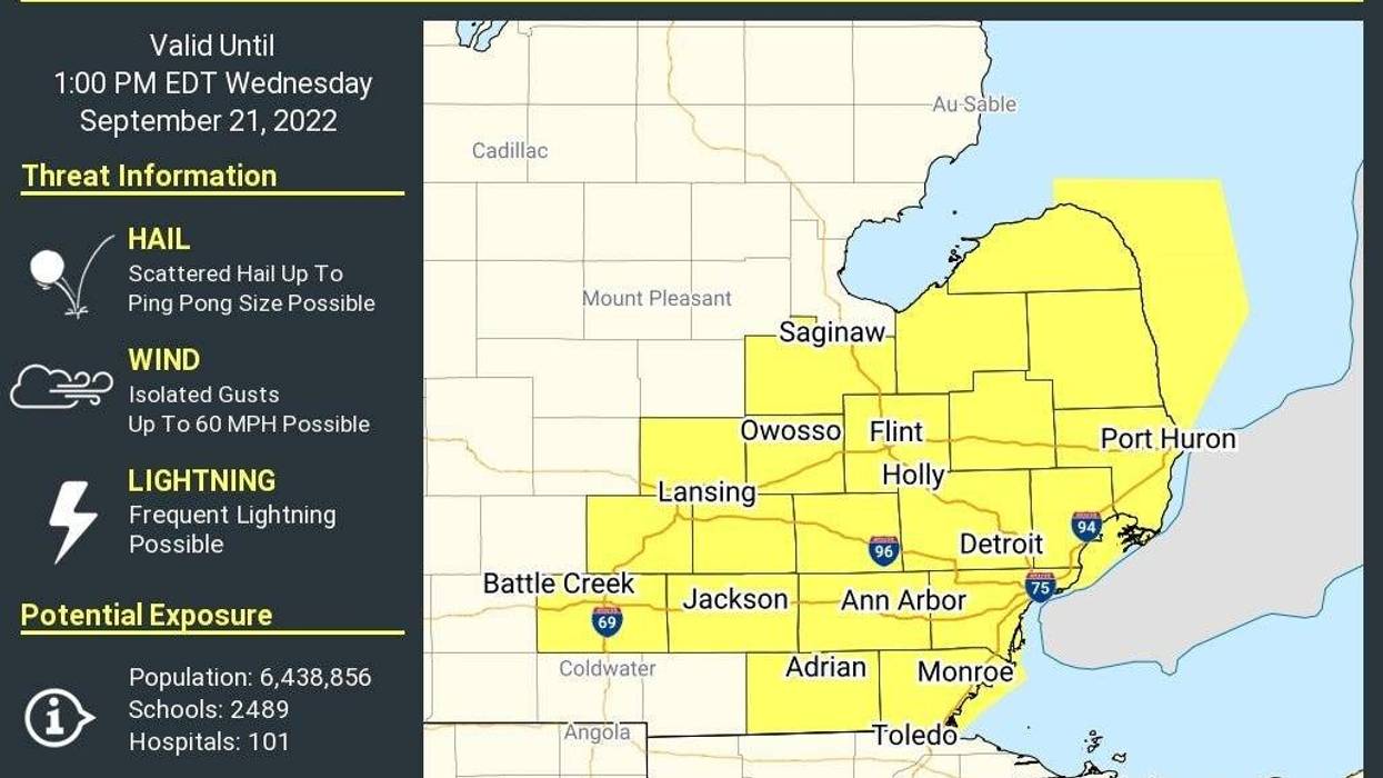 Almost two dozen counties in Southeast Michigan are in the path for potentially severe weather Wednesday, bringing with it the threat of wind, hail and rain, meteorologists warned.