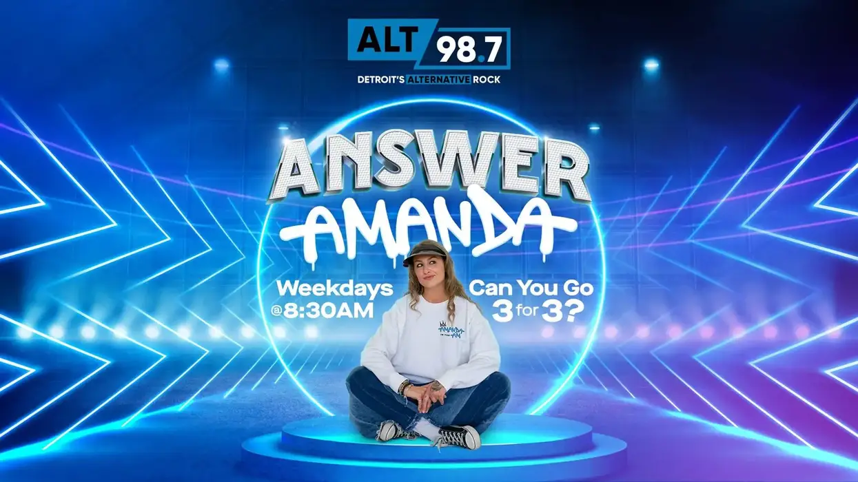 ALT 98.7's "Answer Amanda" show promo: Amanda on a blue stage, "Weekdays @8:30AM, Can You Go 3 for 3?"