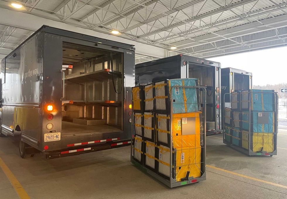 Amazon delivery trucks at their "DBU7" delivery station in Hamburg