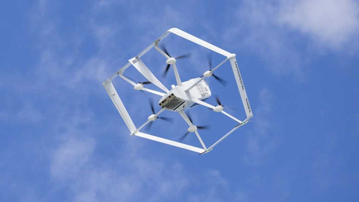 Amazon's MK27-2 delivery drone. Its unique hexagonal design provides six degrees of freedom for stability. The propellers have been specifically designed to minimize high-frequency soundwaves.