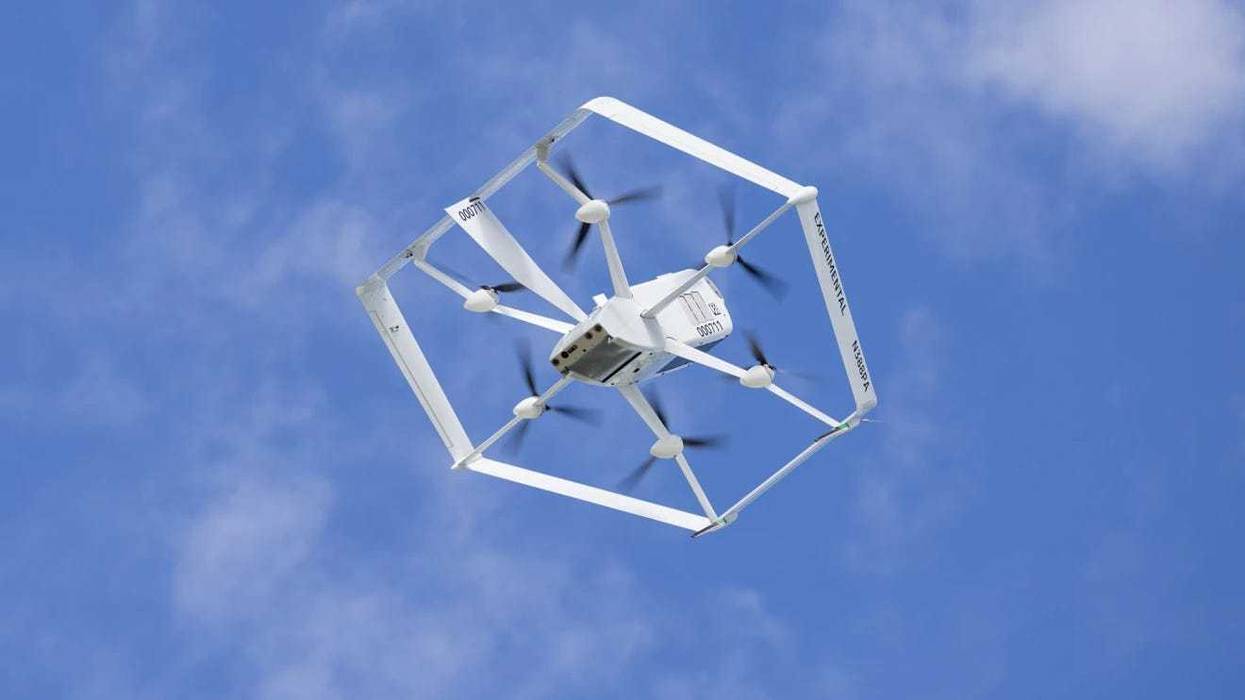 Amazon's MK27-2 delivery drone. Its unique hexagonal design provides six degrees of freedom for stability. The propellers have been specifically designed to minimize high-frequency soundwaves.