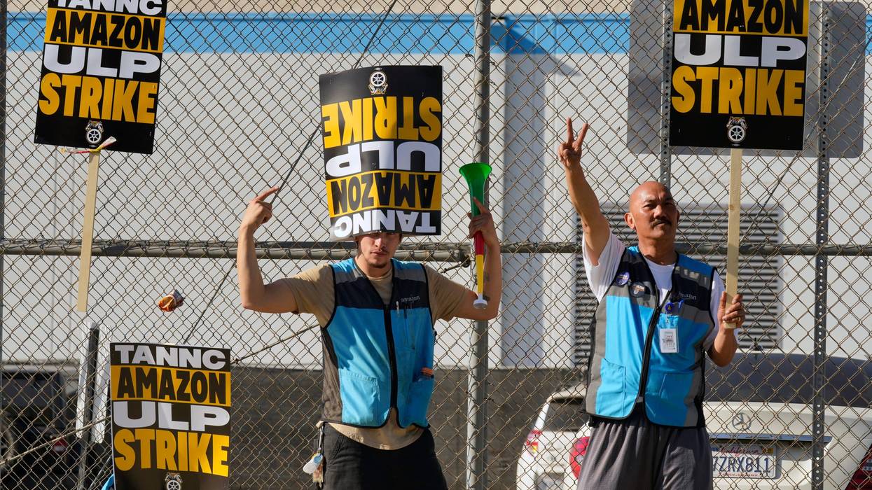Amazon workers strike outside the gates of an Amazon Fulfillment Center as Teamsters seek labor contract nationwide Friday, Dec. 20, 2024, in City of Industry, Calif.