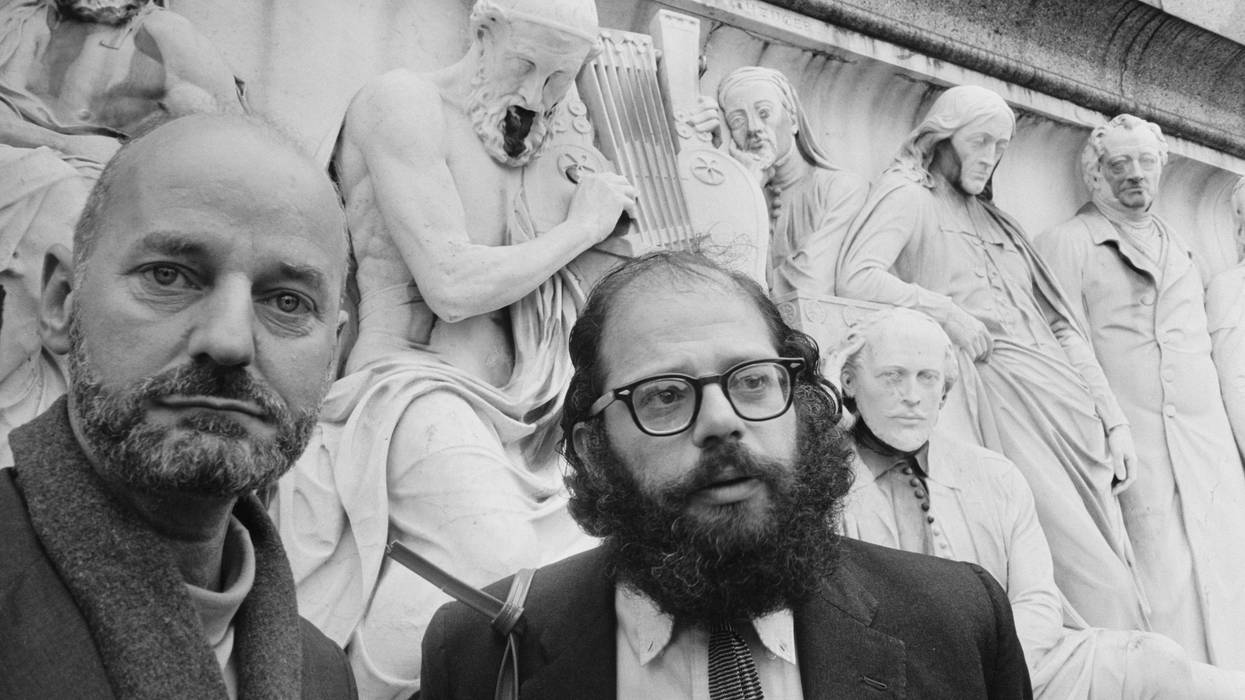 American Beat poets Lawrence Ferlinghetti (left) and Allen Ginsberg (1926 - 1997) at the Albert Memorial in South Kensington, London, 11th June 1965.