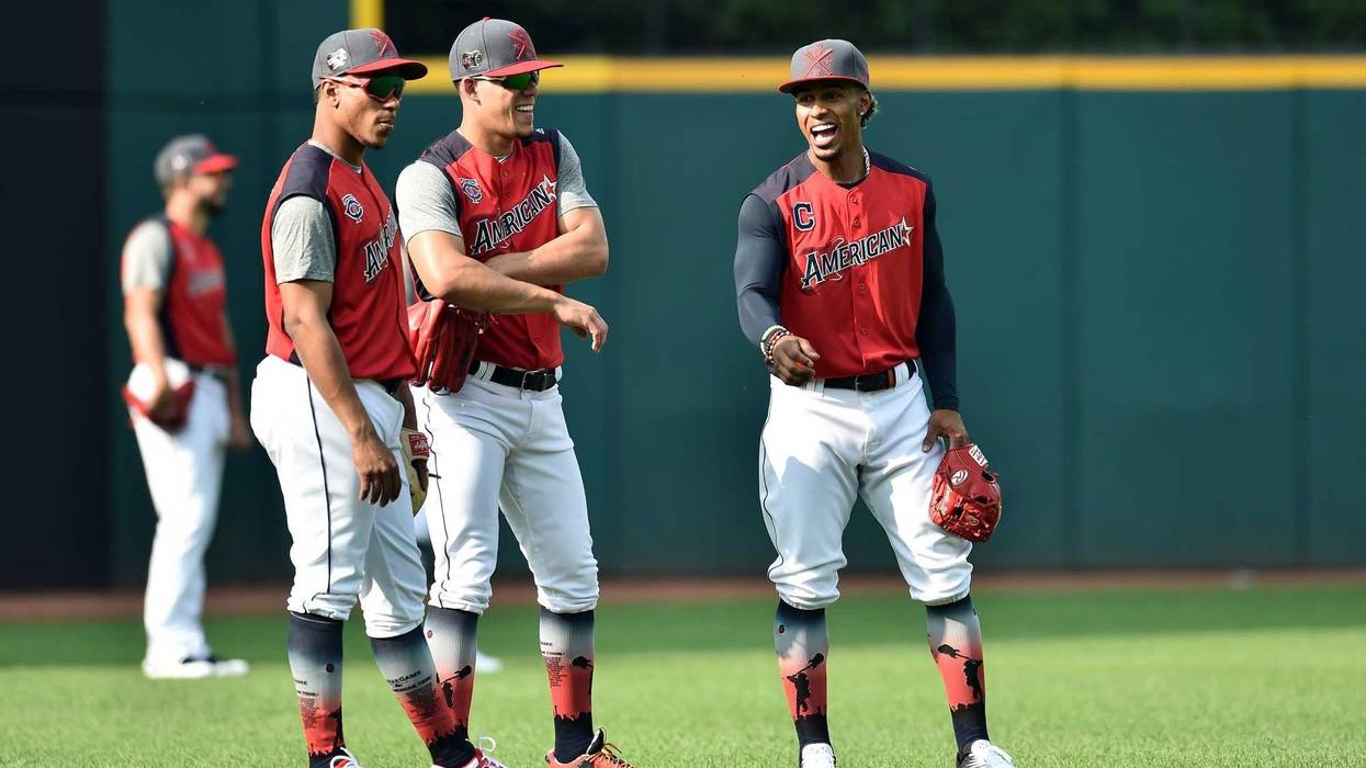 American League infielder Jorge Polanco of the Minnesota Twins (left), pitcher Jose Berrios of the Minnesota Twins (center) and infielder Francisco Lindor of the Cleveland Indians during workouts before the 2019 MLB All Star Game at Progressive Field.