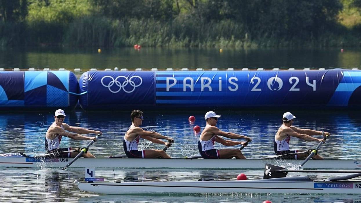 Americans Nick Mead, Justin Best, Michael Grady and Liam Corrigan compete in the 2024 Olympic Summer Games at Vaires-sur-Marne Nautical Stadium in France.