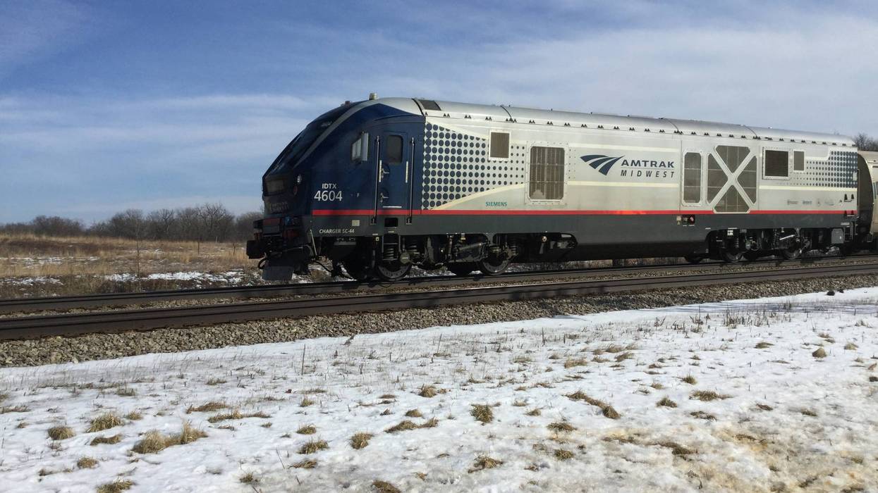 Amtrak locomotive in Morton Grove, Illinois in winter