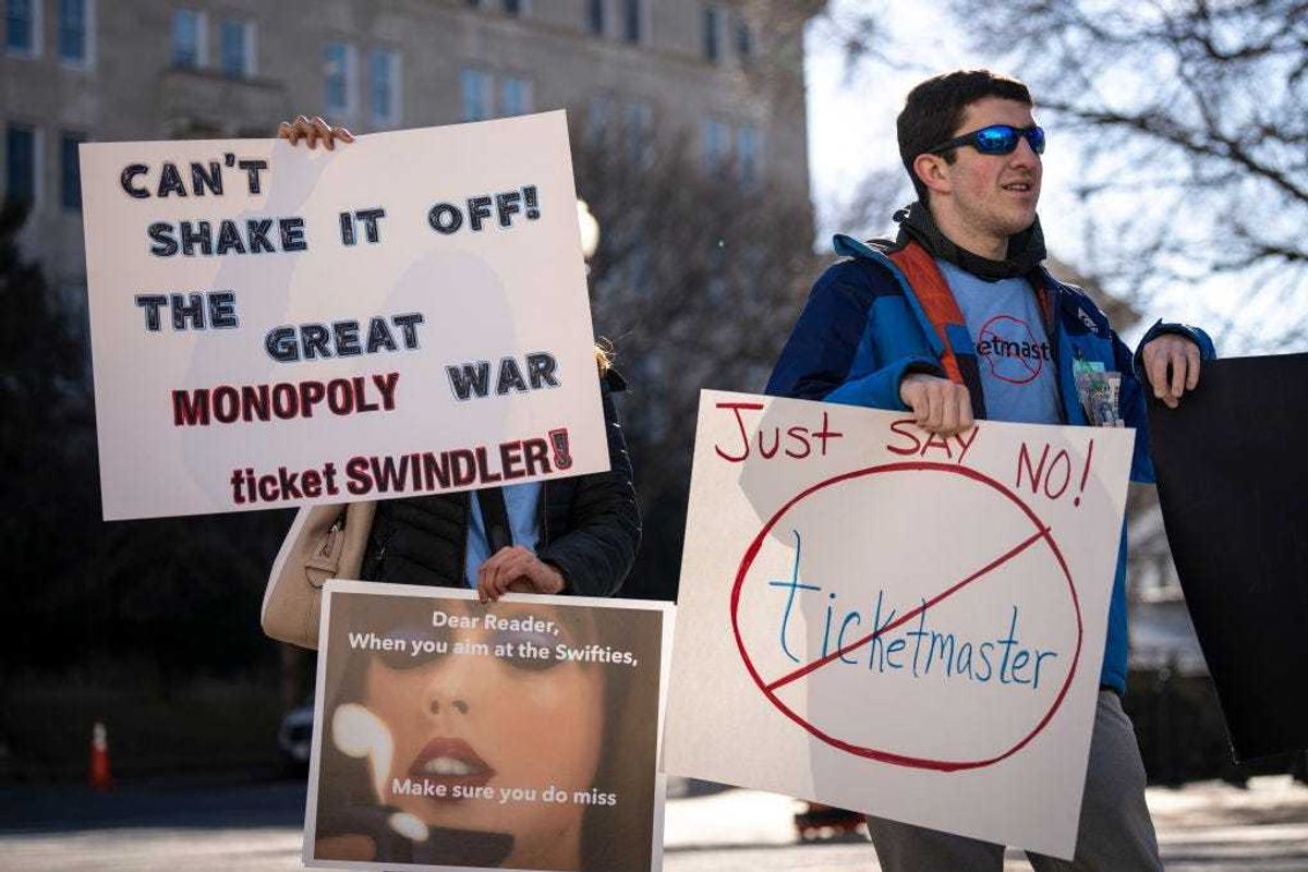 Amy Edwards and Parker Harrison demonstrate against the live entertainment ticket industry outside the U.S. Capitol January 24, 2023 in Washington, DC. The Senate Judiciary Committee is holding a hearing this morning to explore whether the merger of Live Nation and Ticketmaster has stifled competition and harmed the consumer marketplace. (Photo by Drew Angerer/Getty Images)