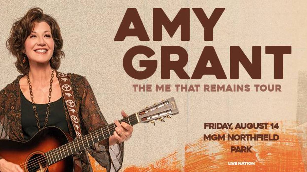 Amy Grant smiling with guitar. Ad for 'The Me That Remains Tour', August 14 at MGM Northfield Park.