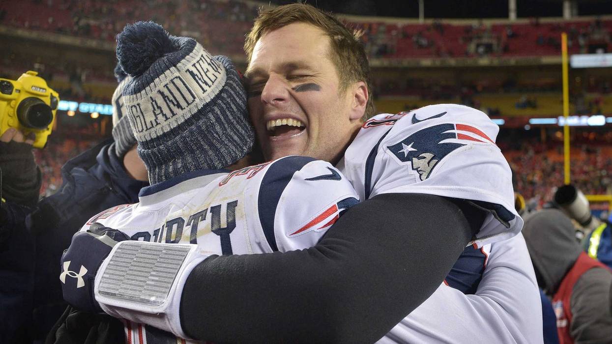 an 20, 2019; New England Patriots quarterback Tom Brady celebrates with Devin McCourty after defeating the Kansas City Chiefs during overtime in the AFC Championship game at Arrowhead Stadium. Mandatory Credit: Denny Medley - USA TODAY Sports