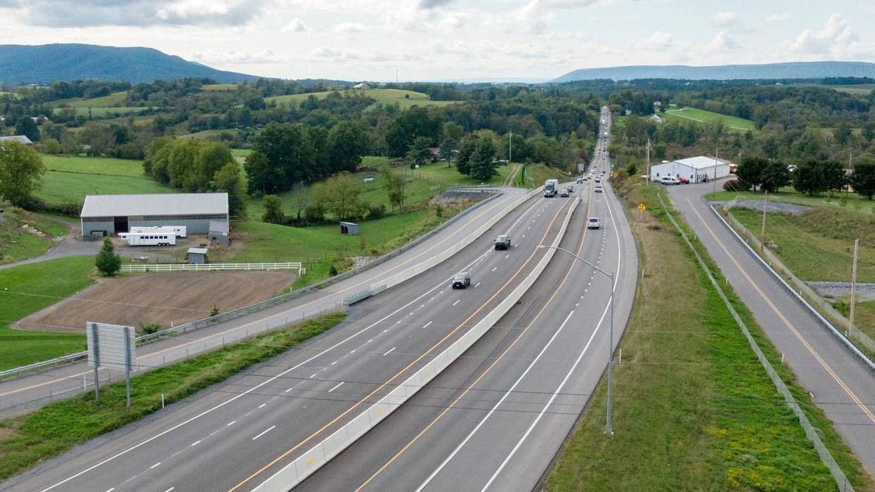 An aerial photo of U.S. Route 322 running toward State College.