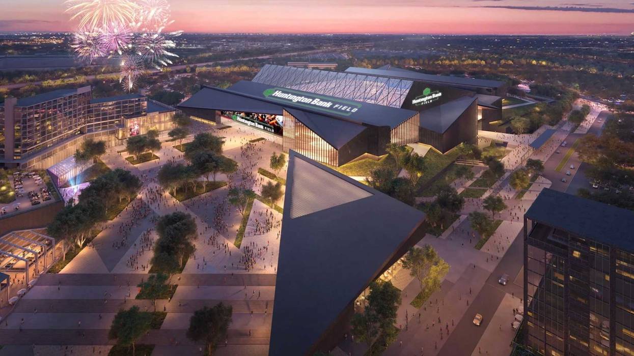 An aerial rendering of a proposed $2.4 billion enclosed stadium to be built for the Cleveland Browns in Brook Park, Ohio and scheduled to open in time for the 2029 NFL season.