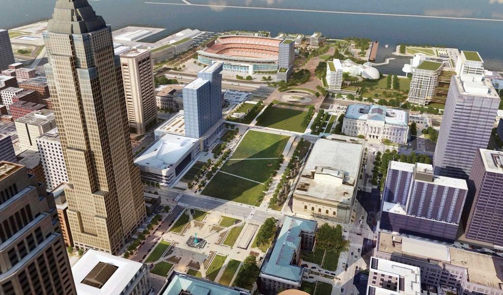An aerial rendering of downtown Cleveland with the proposed land bridge and lakefront development