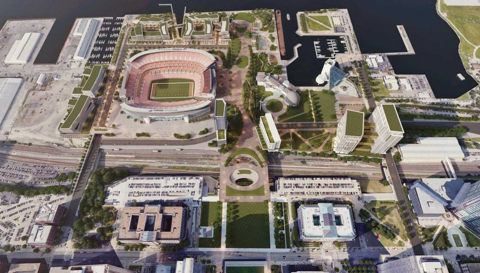 An aerial rendering of the proposed land bridge and lakefront development announced by the Browns and Haslam Sports Group.