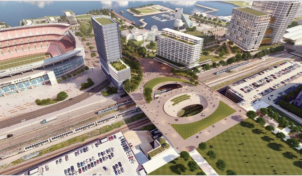 An aerial rendering of the proposed land bridge over Rt. 2 and train tacks connecting Mall C to north Coast Harbor