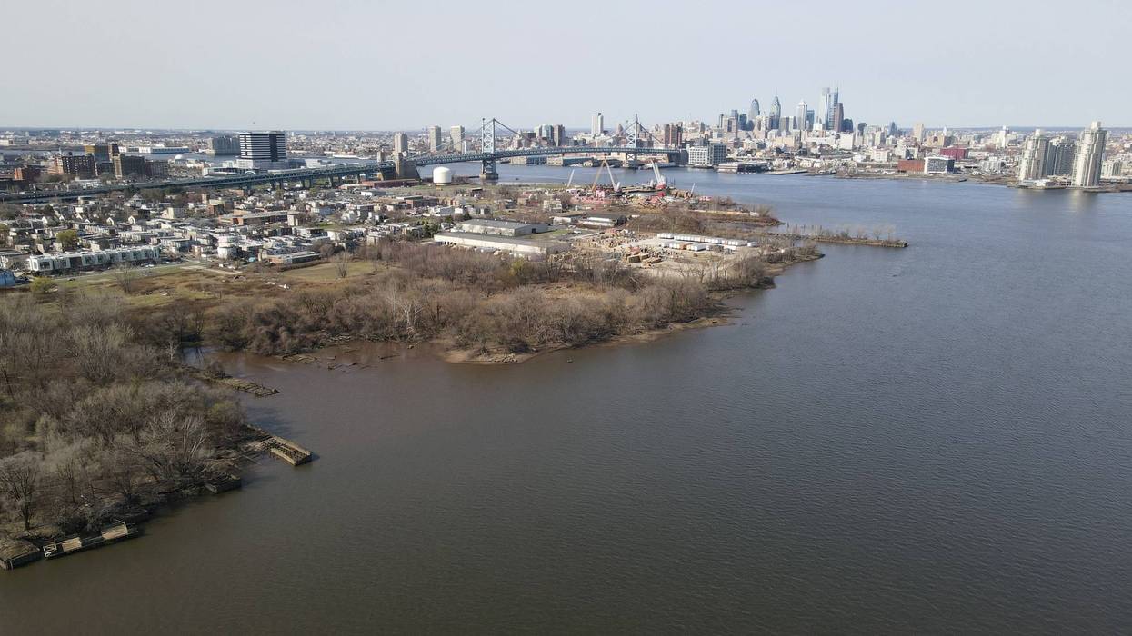 An aerial view from above the Delaware River of North Camden.