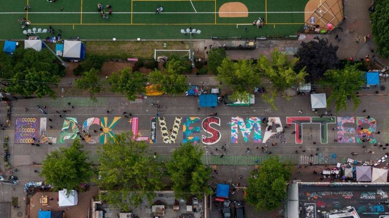 An aerial view of a Black Lives Matter mural on East Pine Street near Cal Anderson Park is seen during ongoing Black Lives Matter events