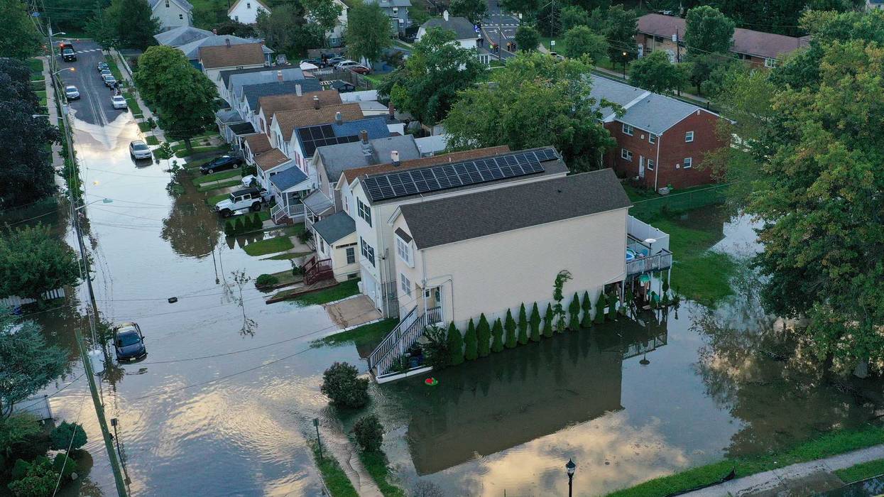 An aerial view of a community in Middlesex as floodwater covers streets after Hurricane Ida left behind flash floods east coast, in New Jersey, United States on September 2, 2021.