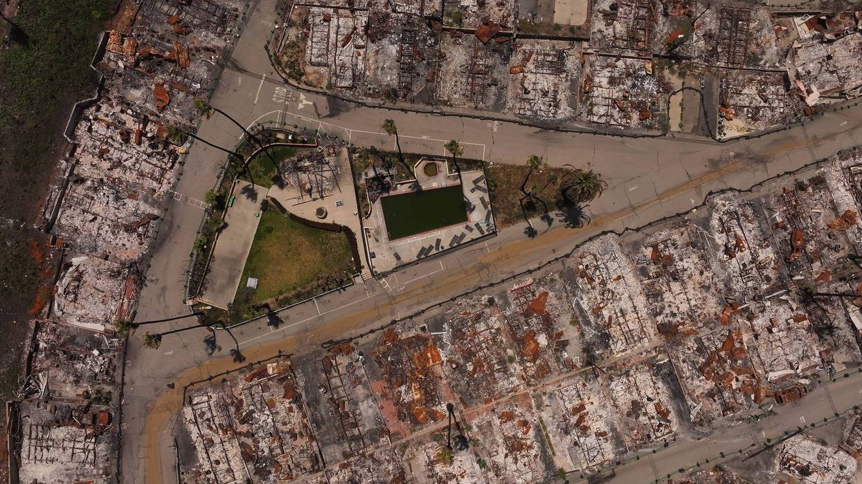 An aerial view of a mobile home park destroyed by the Palisades Fire on May 07, 2025 in Pacific Palisades, California.
