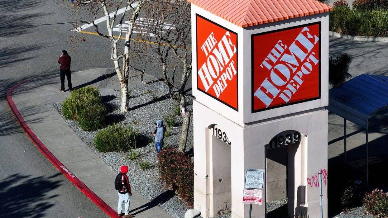An aerial view of a sign in front of a Home Depot store on February 25, 2025 in El Cerrito, California.