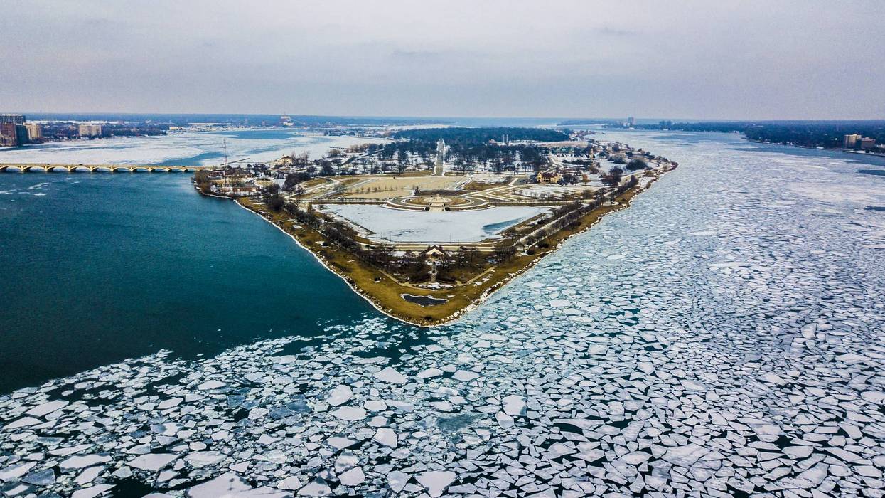 An aerial view of Belle Isle surrounded by ice flows, Detroit Michigan