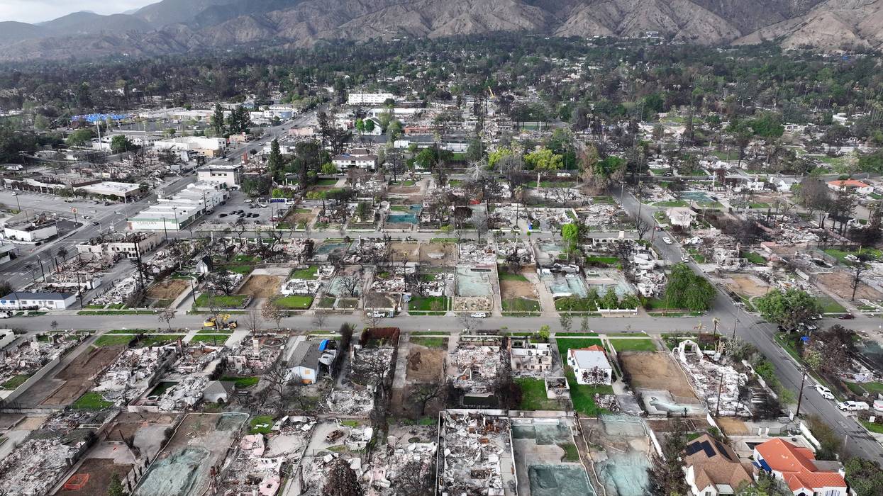 An aerial view of homes destroyed in the Eaton Fire along with lots cleared of debris on March 28, 2025 in Altadena, California. The U.S. Army Corps of Engineers estimates that they have cleared debris from 490 homes destroyed in the Eaton and Palisades Fires so far. Some homeowners are opting to have their lots cleared private contractors.