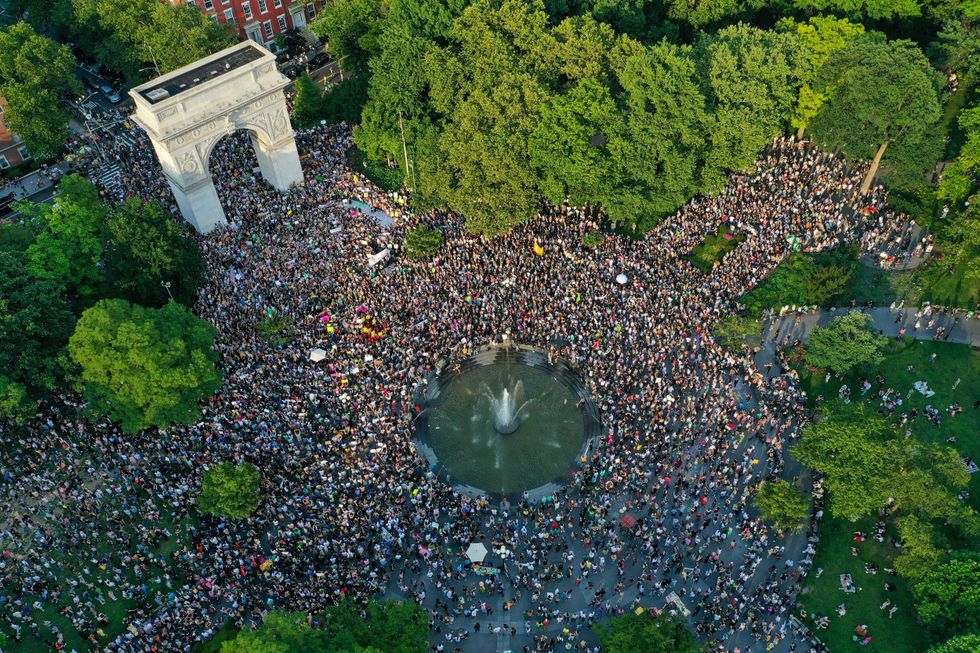 An aerial view of people gathered at Washington Square Park to protest against the Supreme Court