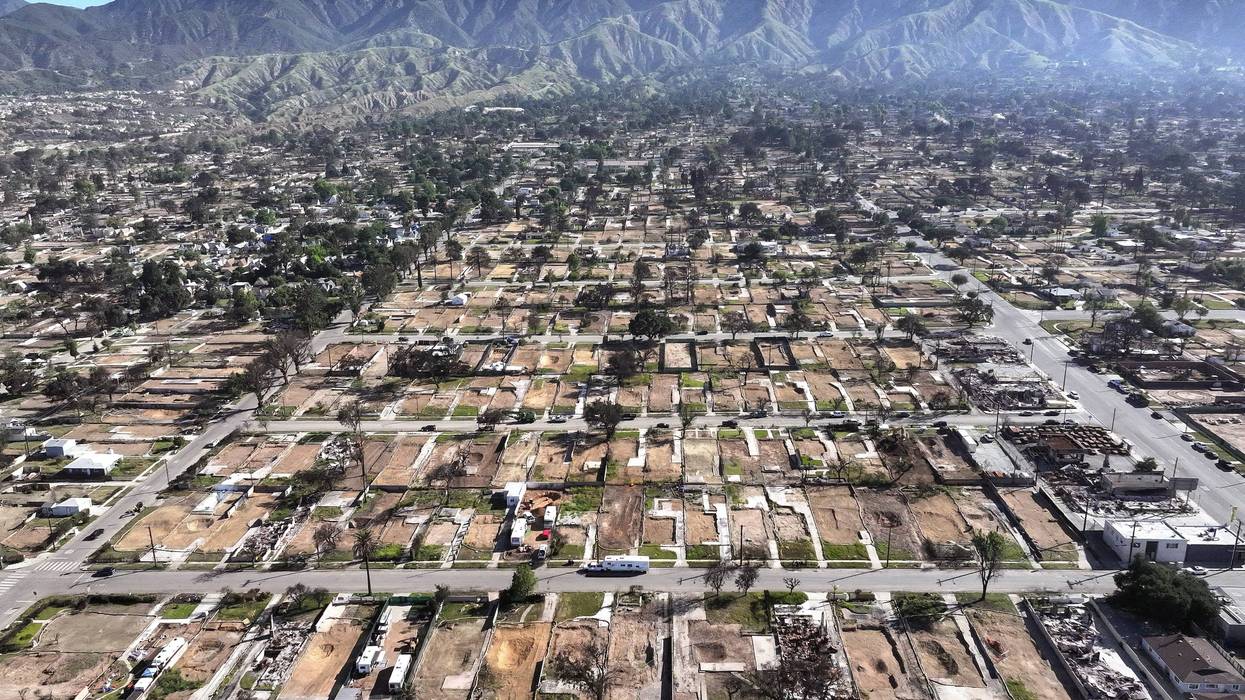 An aerial view of properties cleared of wildfire debris which were burned in the Eaton Fire on May 22, 2025 in Altadena, California.