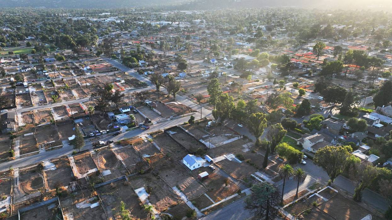 An aerial view of properties impacted by the Eaton Fire amid recovery efforts on September 19, 2025 in Altadena, California.