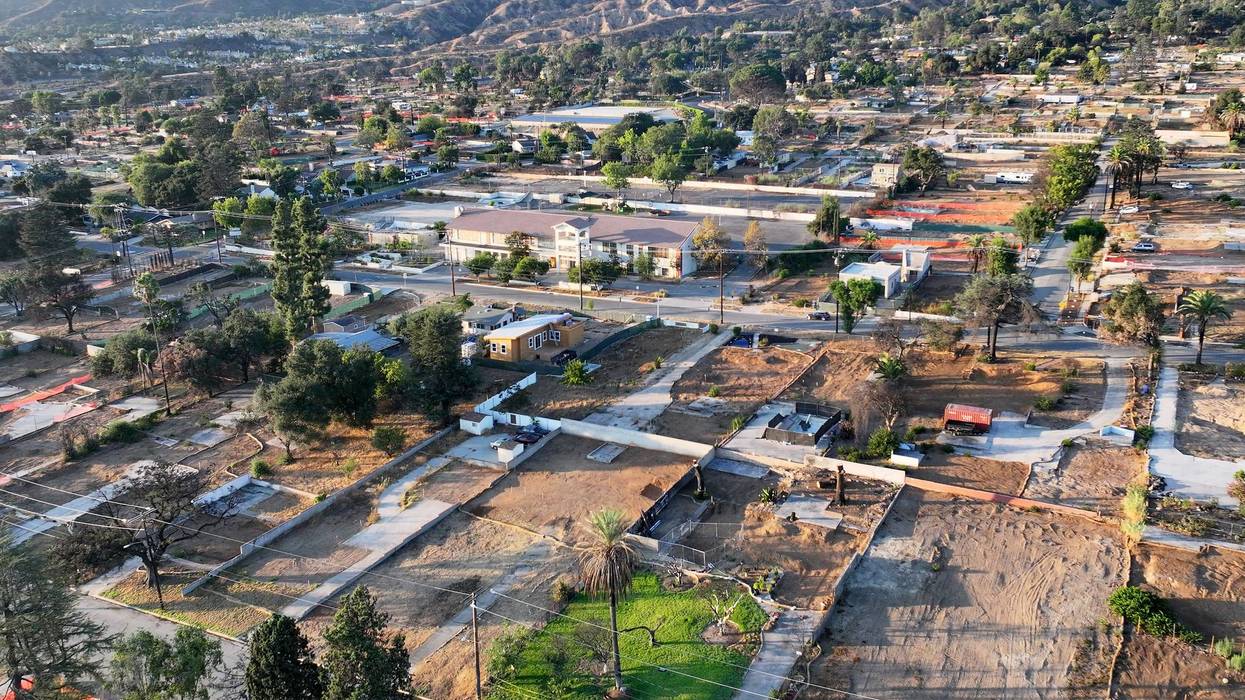 An aerial view of properties impacted by the Eaton Fire amid recovery efforts on September 19, 2025 in Altadena, California.