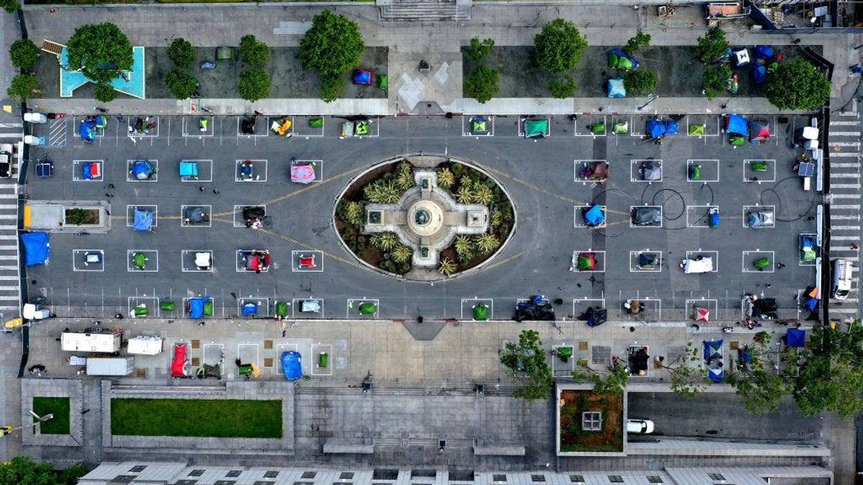 An aerial view of San Francisco's first temporary sanctioned tent encampment for the homeless on May 18, 2020 in San Francisco, California.
