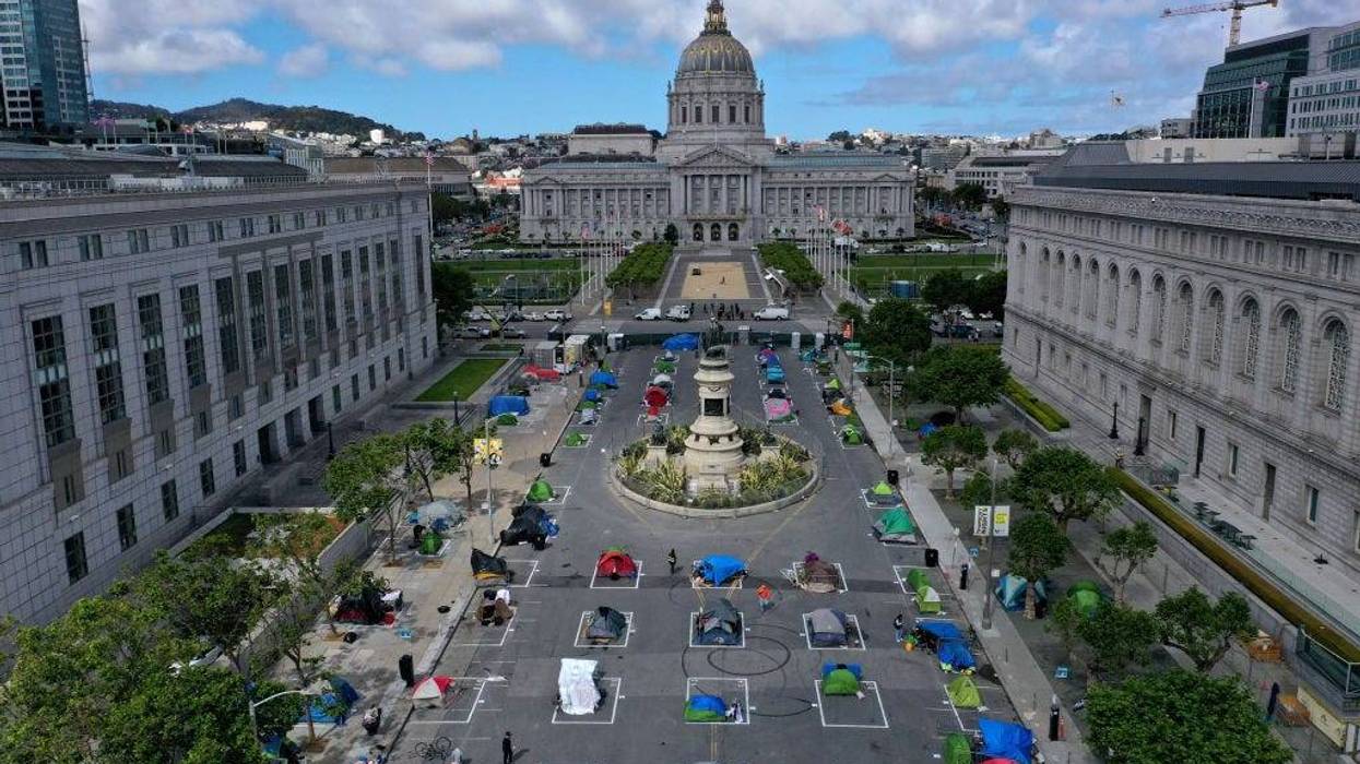 An aerial view of San Francisco's first temporary sanctioned tent encampment for the homeless on May 18, 2020 in San Francisco, California.