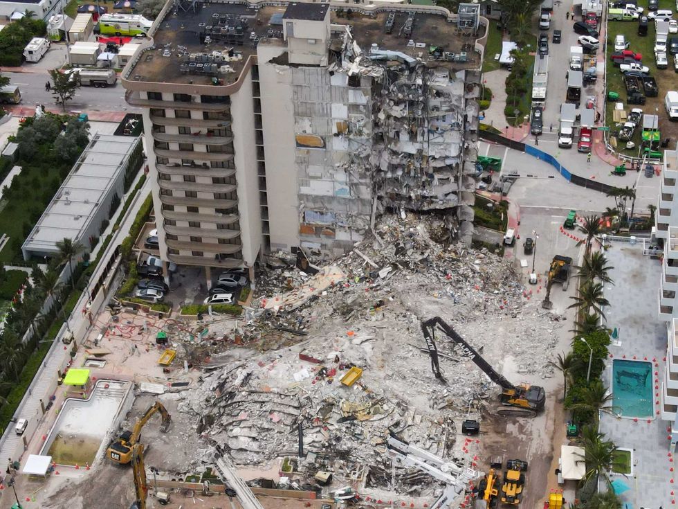 An aerial view of the site during a rescue operation of the Champlain Tower partially collapsed in Surfside, Florida, United States, on July 1, 2021.