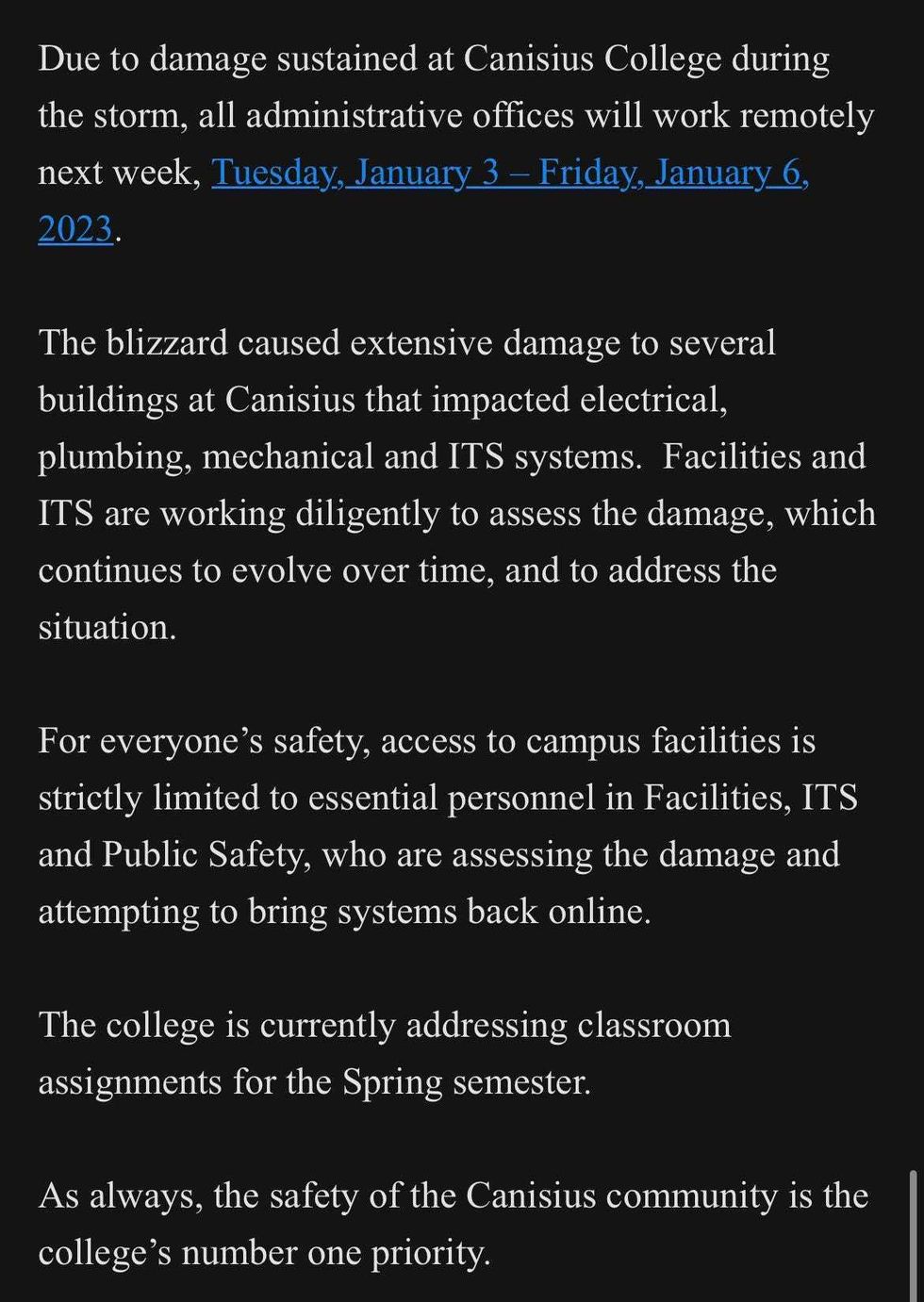 An alert issued to campus staff as the blizzard caused extensive damage to several buildings on campus.