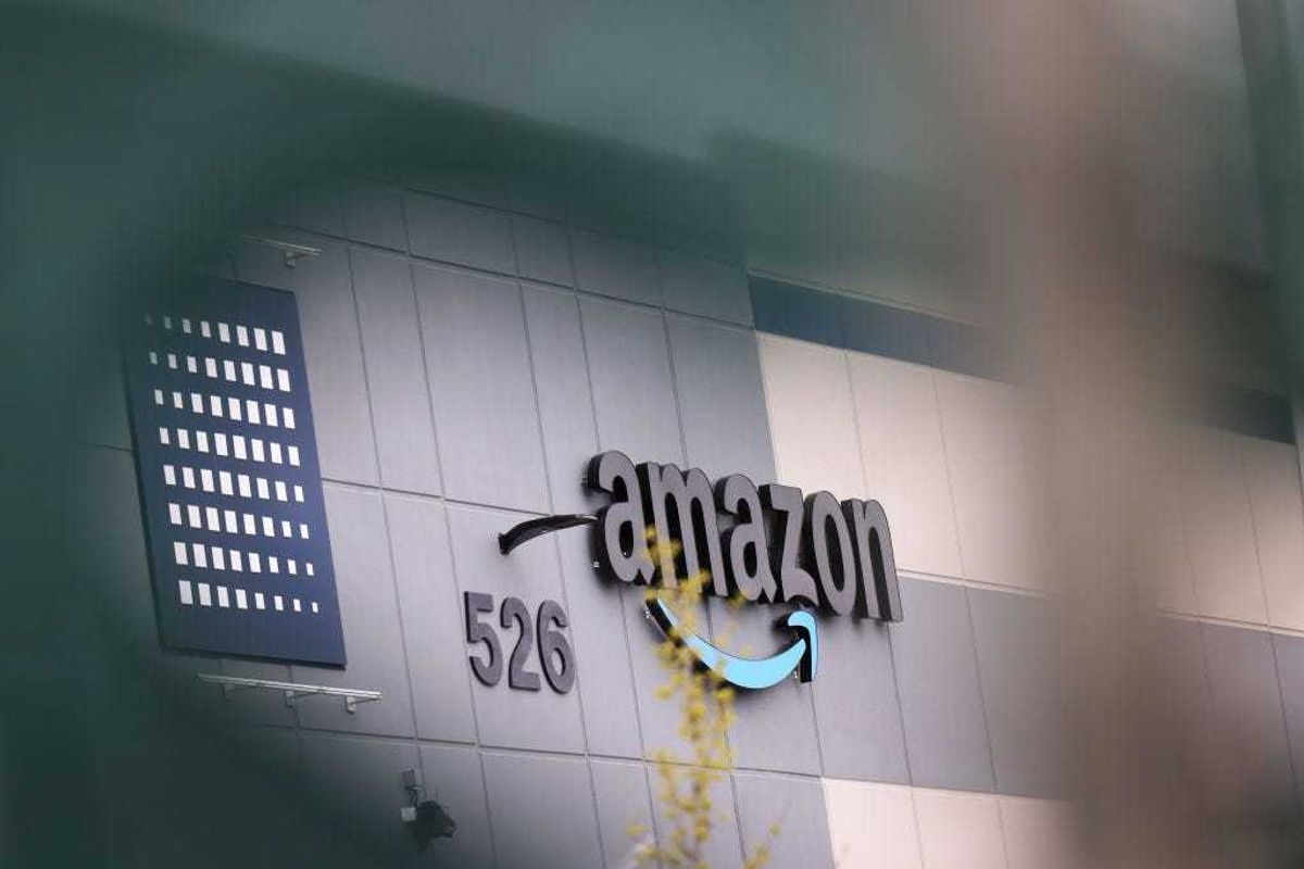 An Amazon signage is seen on the LDJ5 Amazon Sort Center on April 25, 2022 in New York City.