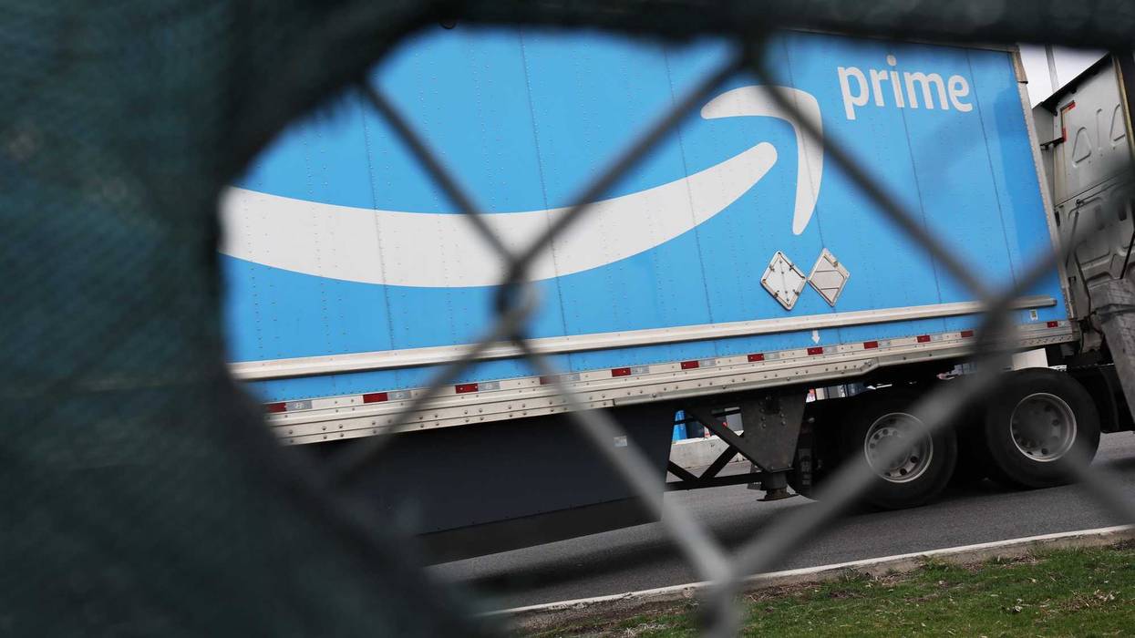 An Amazon truck enters the LDJ5 Amazon Sort Center on April 25, 2022 in New York City.