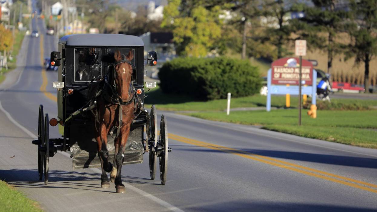 An Amish buggy on a country road.