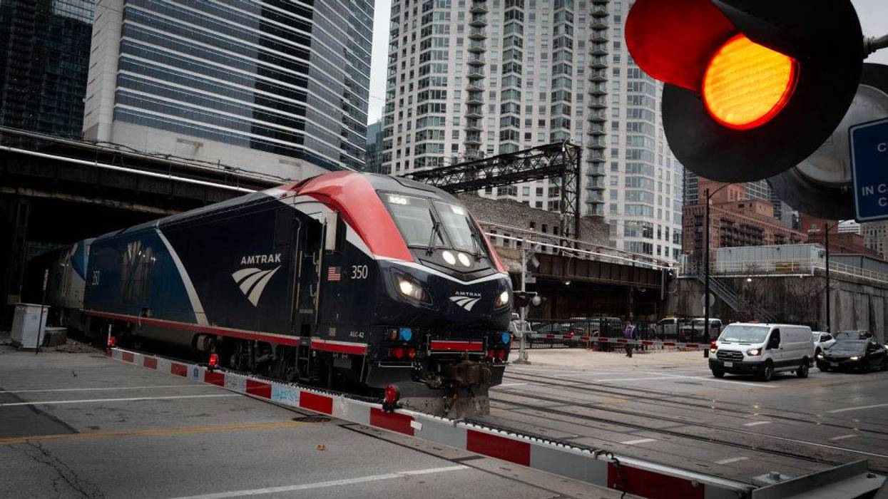 An Amtrak train leaves from Chicago's Union Station.