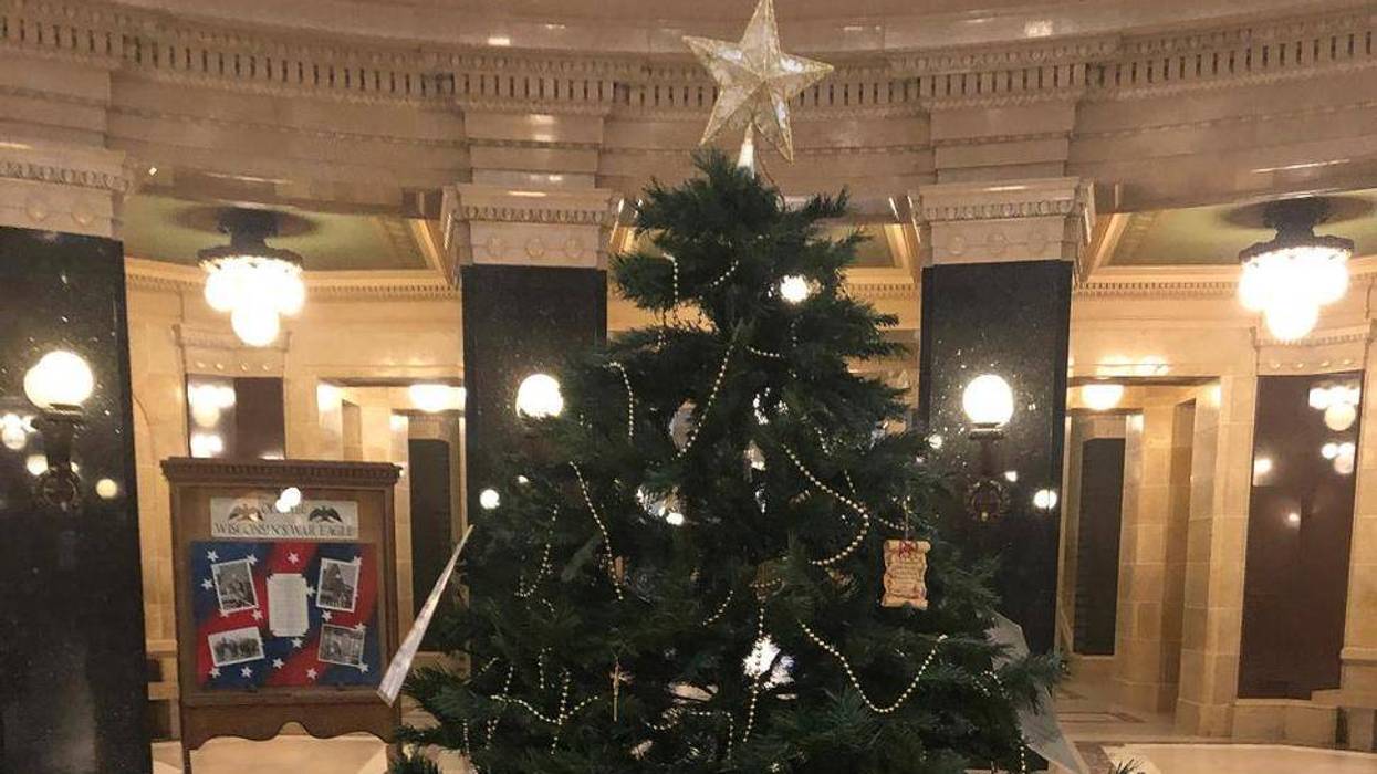 An artificial Christmas tree that Republican lawmakers set up stands in the Wisconsin Capitol rotunda Monday, Dec. 7, 2020, in Madison, Wis. GOP Reps. Paul Tittl and Shae Sortwell erected the tree without a permit after Gov. Tony Evers' administration decided to forego the state's annual tradition of placing a towering evergreen in the rotunda since the building is closed due to the coronavirus pandemic.