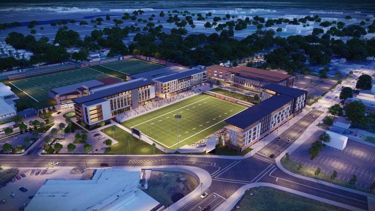 An artist's rendering of the Browns planned 16-acre, $200+ million Berea development to be called ‘District 46 at CrossCountry Mortgage Campus’ looking southeast from the intersection of Front Street and Lou Groza Blvd. in Berea, Ohio