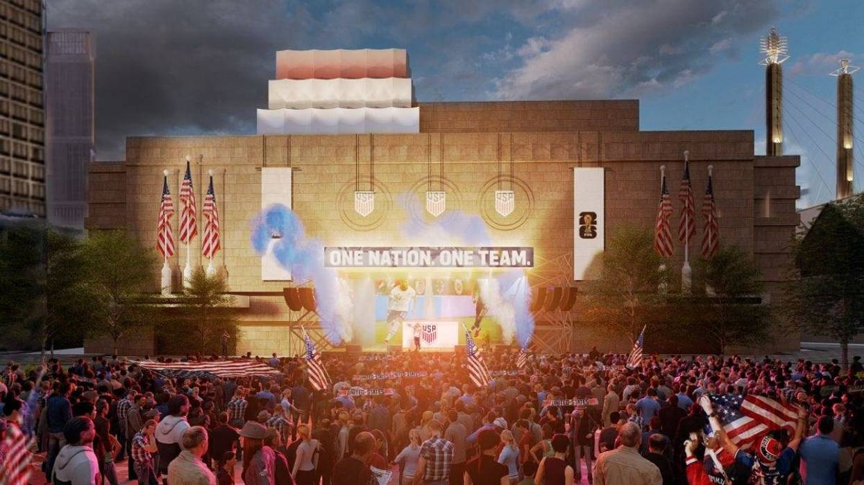 An artist’s rendering of the Barney Allis Plaza shows a rally during the 2026 Kansas City World Cup. The city is still trying to get the plaza open before the event, but it may not be complete in time.